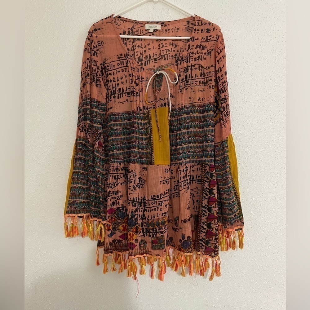 Tunic Fashion Dress top Velzera Round Neck Bell Sleeve Fringe Size Small
